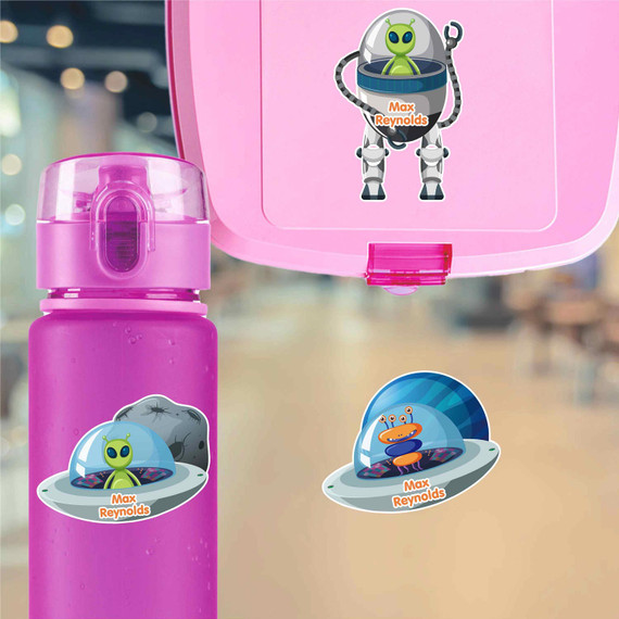 Large die cut alien name labels on kids water bottle for school and space adventures