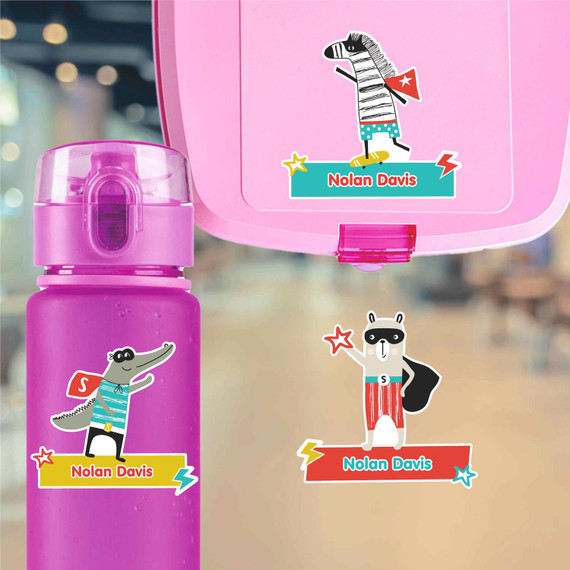 Animal Superheroes water bottle name labels — custom die-cut waterproof stickers for kids