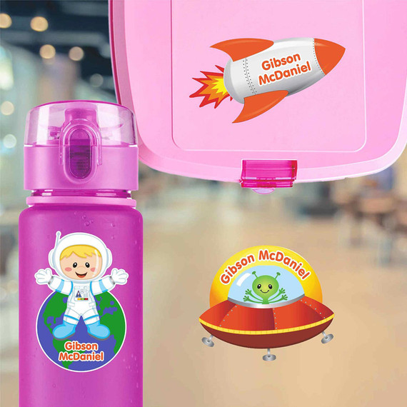 Astronaut Boy or Girl water bottle name labels — custom die-cut waterproof stickers for kids