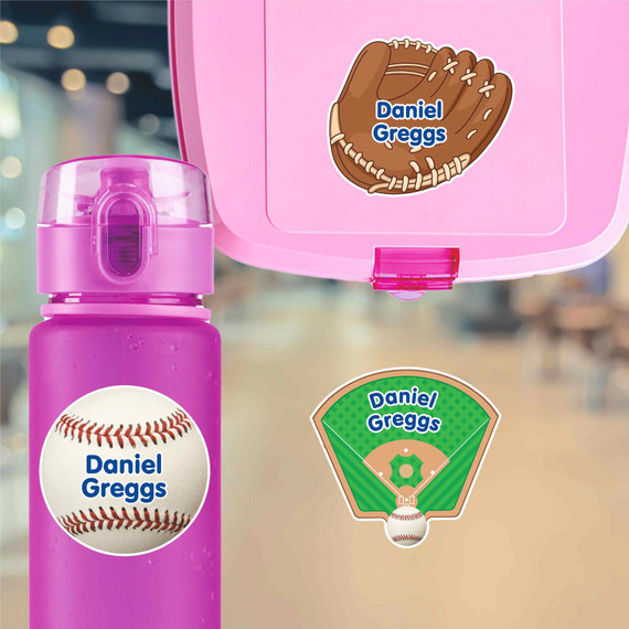 Baseball water bottle name labels — custom die-cut waterproof stickers for kids