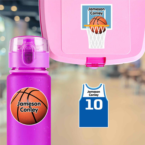 Large die cut basketball name labels on kids water bottle for school and sports