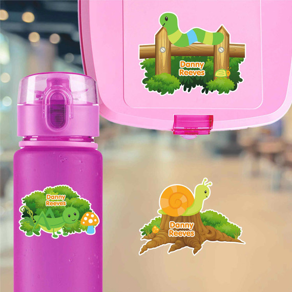 Backyard Bugs water bottle name labels — custom die-cut waterproof stickers for kids