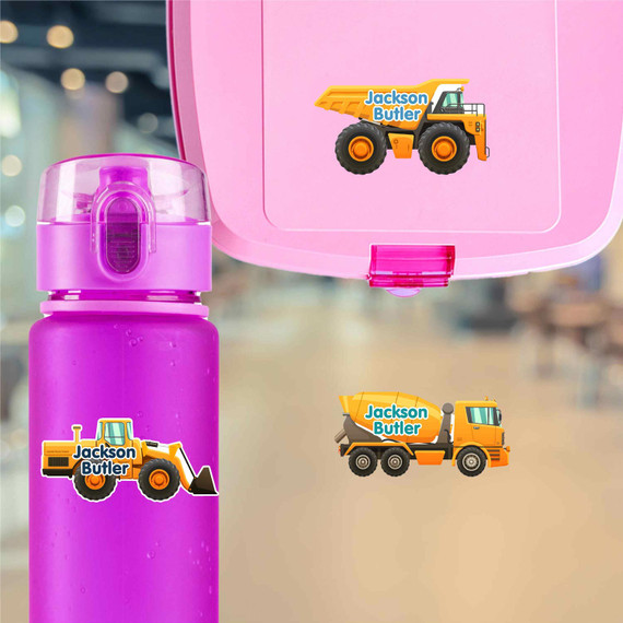 Large die cut construction name labels on kids water bottle for school and building activities