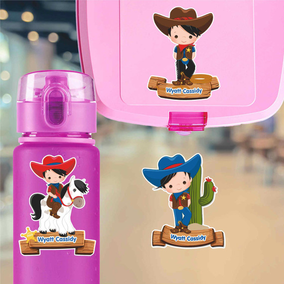 Cowboy & Cowgirl water bottle name labels — custom die-cut waterproof stickers for kids