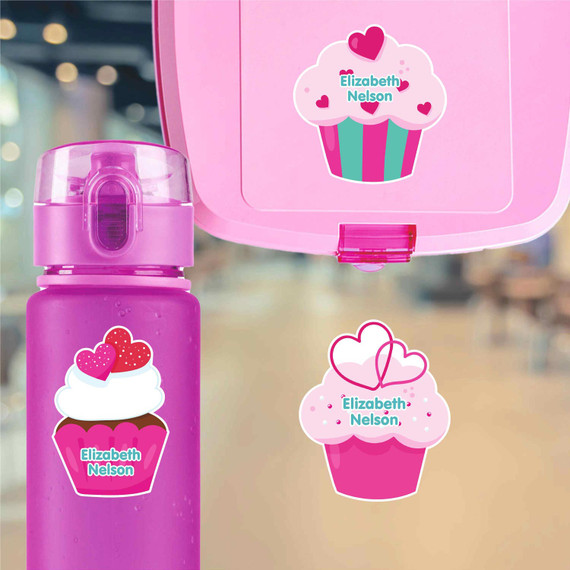 Large die cut cupcake name labels on kids water bottle for school and birthday parties