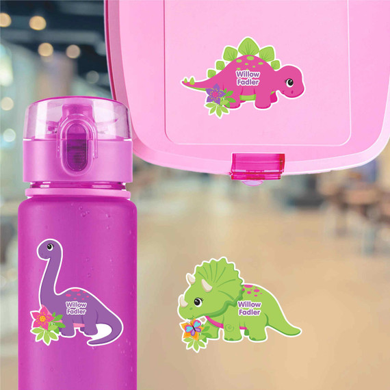 Large die cut dinosaur pattern name labels on kids water bottle for school and prehistoric play