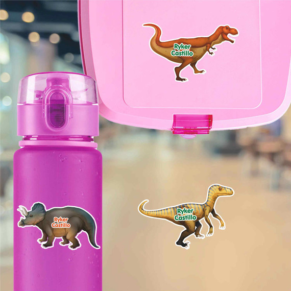 Dinosaurs Roam water bottle name labels — custom die-cut waterproof stickers for kids