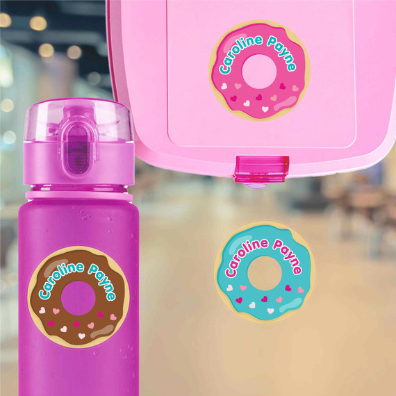 Donuts water bottle name labels — custom die-cut waterproof labels for kids school and daycare