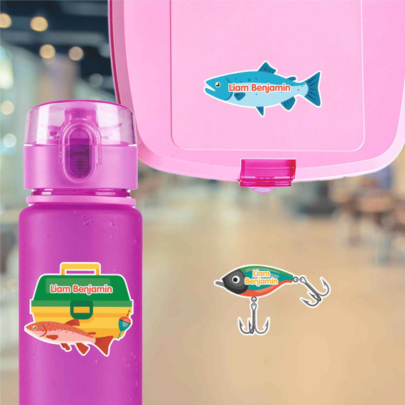 Fishing water bottle name labels — custom die-cut waterproof labels for kids school and daycare