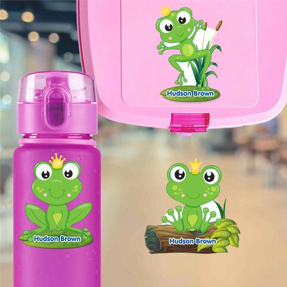 Frogs water bottle name labels — custom die-cut waterproof stickers for kids