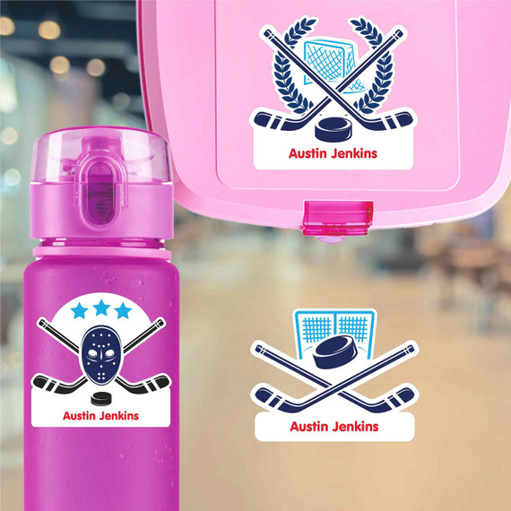 Large die cut hockey name labels on kids water bottle for school and sports