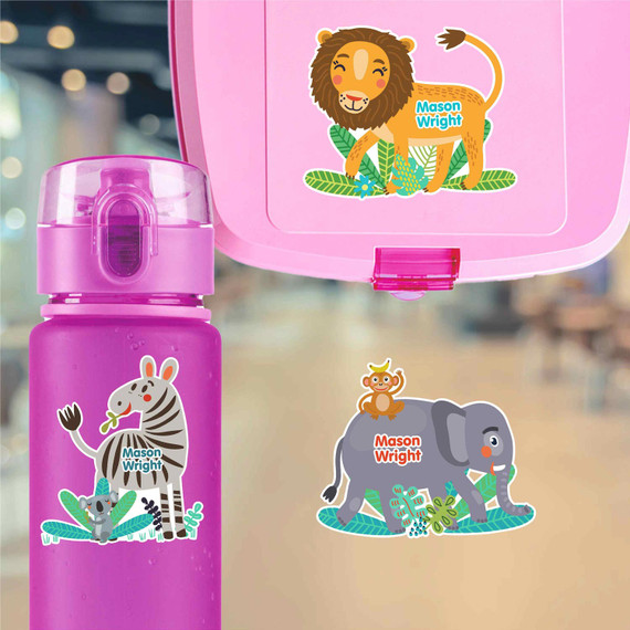 Jungle Animals water bottle name labels — custom die-cut waterproof labels for kids school and daycare