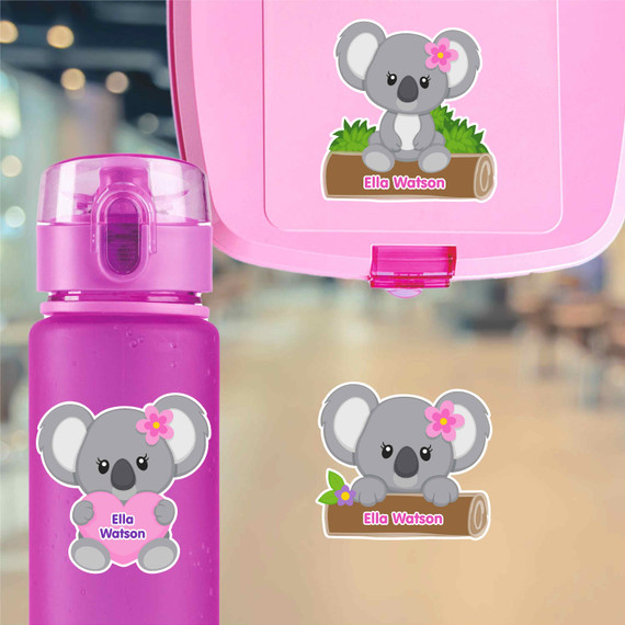 Koalas water bottle name labels — custom die-cut waterproof stickers for kids