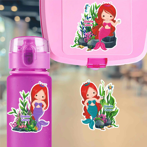 Mermaids water bottle name labels — custom die-cut waterproof stickers for kids