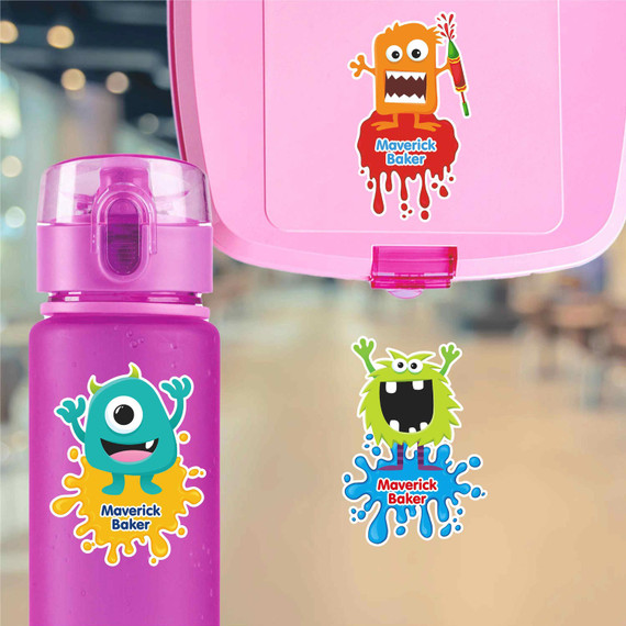 Monster Mayhem water bottle name labels — custom die-cut waterproof stickers for kids