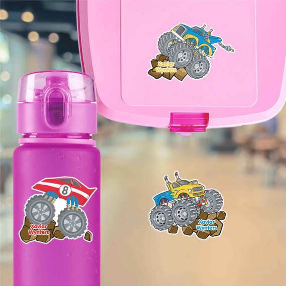 Monster Trucks water bottle name labels — custom die-cut waterproof labels for kids school and daycare