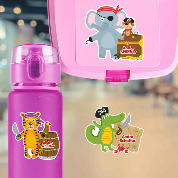 Pirate Animals water bottle name labels — custom die-cut waterproof labels for kids school and daycare