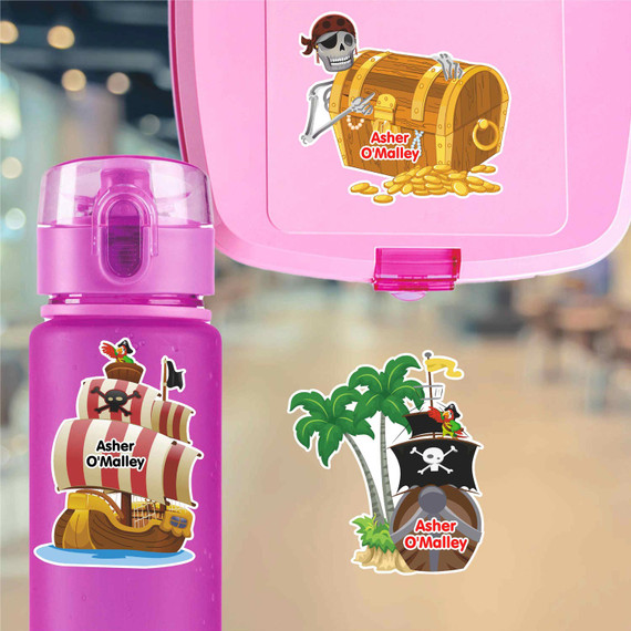 Large die cut pirate name labels on kids water bottle for school and adventure play