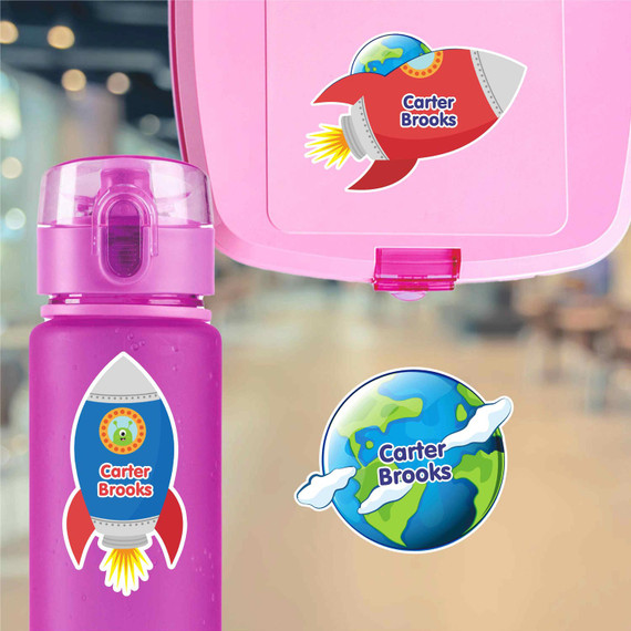 Large die cut planets name labels on kids water bottle for school and science adventures