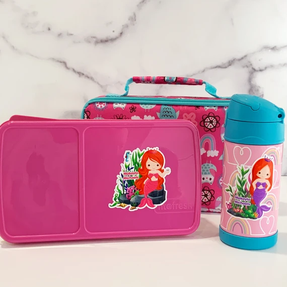 Waterproof large name labels die cut around adorable playful dog design for lunch boxes