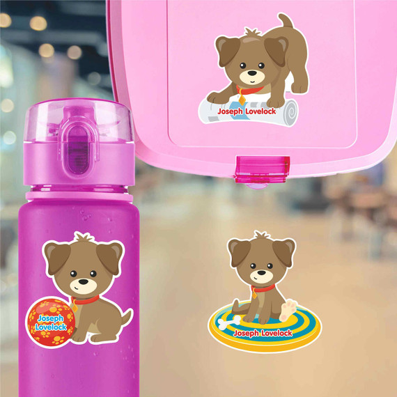 Playful Puppies water bottle name labels — custom die-cut waterproof labels for kids school and daycare