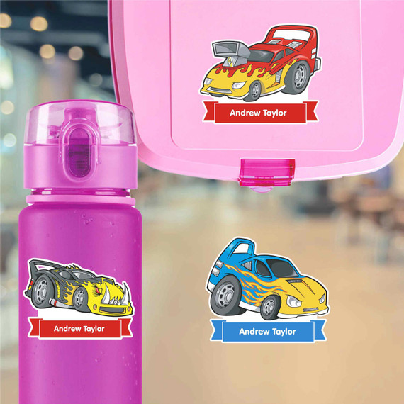 Race Cars water bottle name labels — custom die-cut waterproof labels for kids school and daycare
