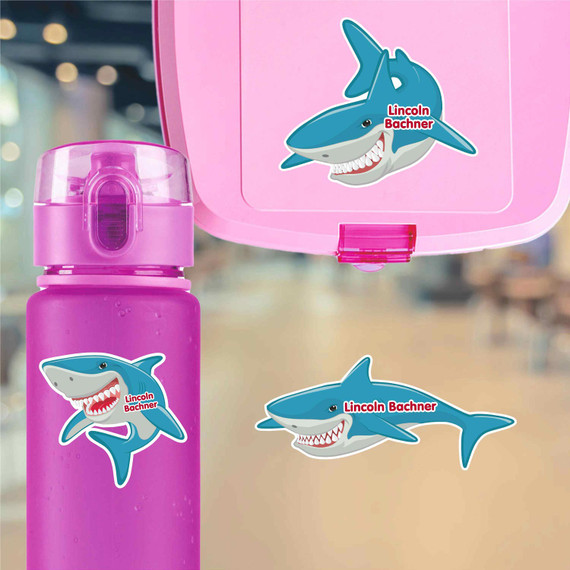 Mighty Sharks water bottle name labels — custom die-cut waterproof stickers for kids