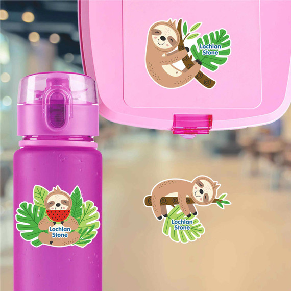 Sloth Buddies water bottle name labels — custom die-cut waterproof stickers for kids
