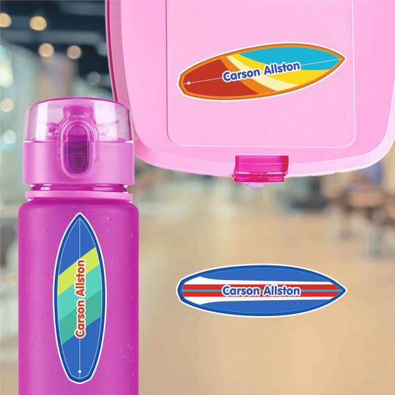 Surf's Up water bottle name labels — custom die-cut waterproof labels for kids school and daycare