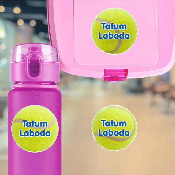 Large die cut tennis name labels on kids water bottle for school and sports adventures