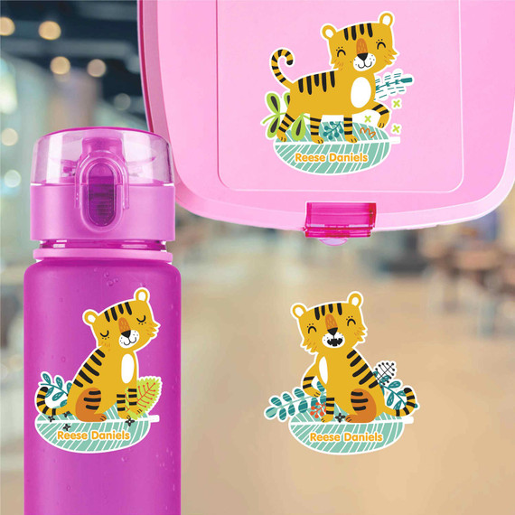 Tiny Tigers water bottle name labels — custom die-cut waterproof stickers for kids