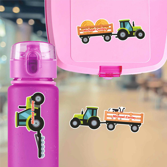 Large die cut tractor name labels on kids water bottle for school and farm adventures