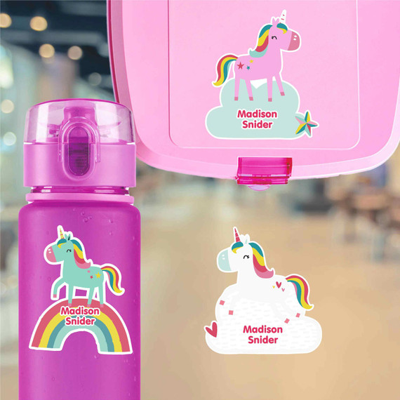 Large die cut unicorn name labels on kids water bottle for school and magical adventures