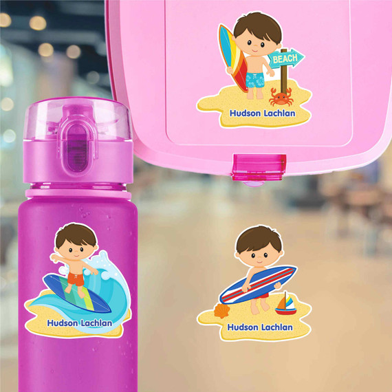 Large die cut beach name labels on kids water bottle for school and summer camp