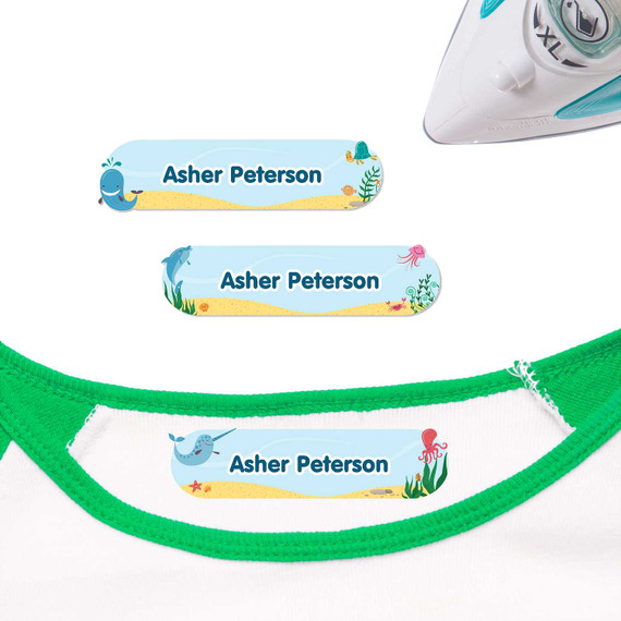 Deep Sea Pals iron on nametags for clothes — personalized iron-on clothing labels for kids
