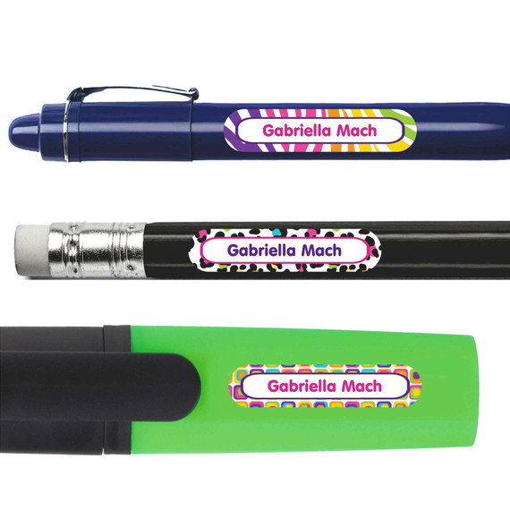 Animal Print Wild Thing pencil labels — personalized name stickers for school supplies