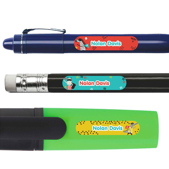 Animal Superheroes pencil labels — personalized name stickers for school supplies