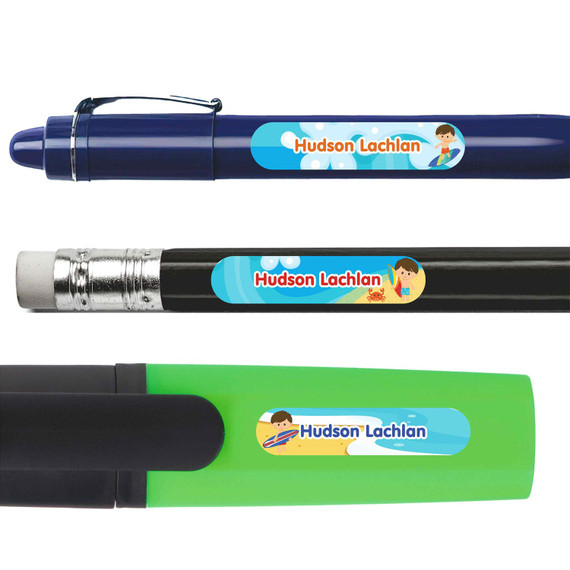 Beach (Boy/Girl) pencil labels — personalized name stickers for school supplies