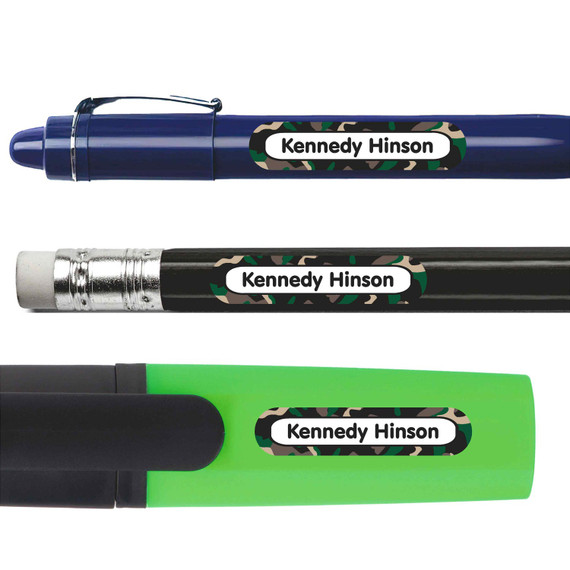 Camo pencil labels — personalized name stickers for school supplies
