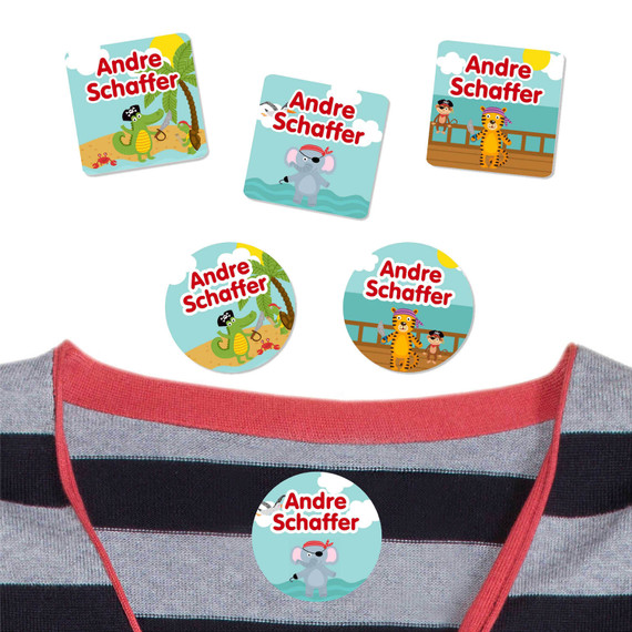 Identify school shirts with Pirate Animals washable stick on name labels for clothing. Fun, durable name tags from Sticky Monkey.
