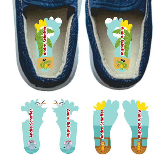 Pirate Animals foot labels for shoes — left and right foot-shaped shoe stickers