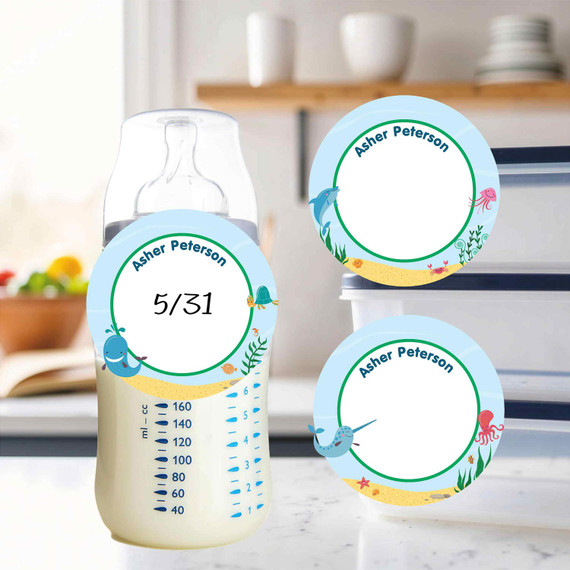 Deep Sea Pals small round write-on labels — reusable waterproof daycare