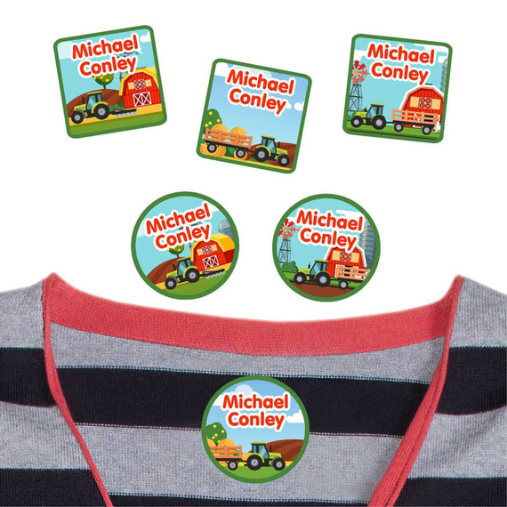 Tough Farm Tractors customized iron on labels for clothing on a child's shirt. These labels survive the wash and dryer every.
