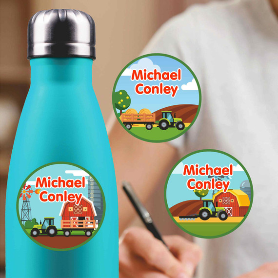 Farm Tractors medium round labels — waterproof circle name stickers for kids