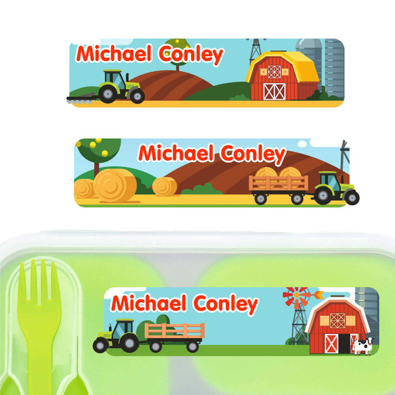 Farm Tractors large rectangle name labels — waterproof sticker labels for school supplies and water bottles
