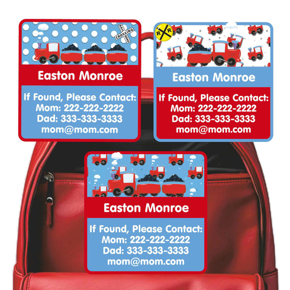 Train Chug Chug emergency contact labels — personalized phone number stickers for kids