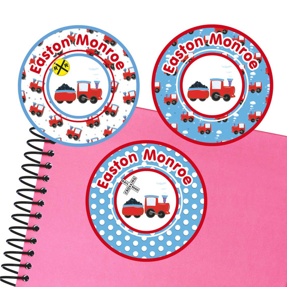 Train Chug Chug large round labels — waterproof name stickers for kids