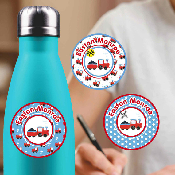 Train Chug Chug medium round labels — waterproof circle name stickers for kids