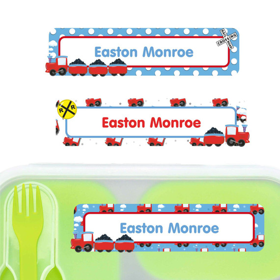 Train Chug Chug large rectangle name labels — waterproof sticker labels for school supplies and water bottles