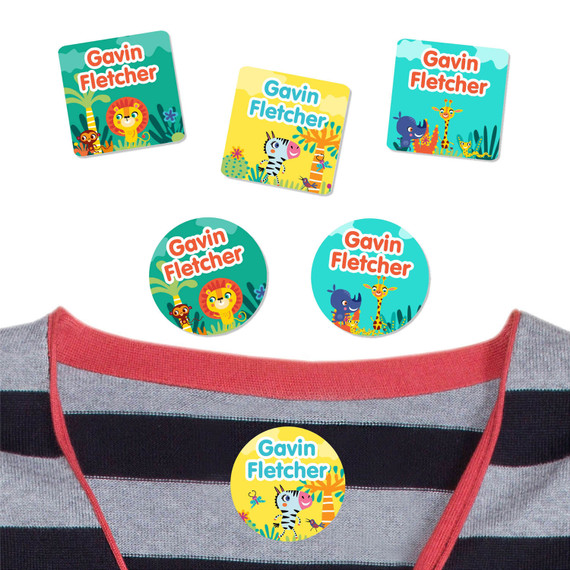 Identify school shirts with African Safari camp labels for clothing stamp. Fun, durable name tags from Sticky Monkey Labels.
